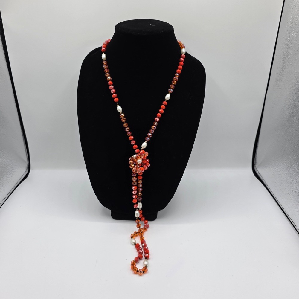 Womens Orange Beaded Round Crystal Pearl Necklace Summer Beach 50"